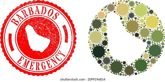 Mosaico vectorial Barbados mapa de íconos de virus cóvidos y sello de sellado de EMERGENCIA grunge.