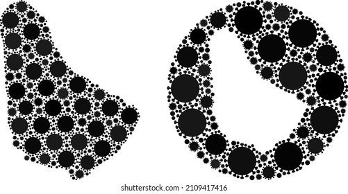 Vector mosaic Barbados map of covid virus items. Mosaic geographic Barbados map constructed as carved shape from round shape with covid elements in black colors. Illustration for quarantine templates.