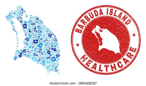 Vector mosaic Barbuda Island map with syringe icons, laboratory symbols, and grunge doctor seal. Red round seal with distress rubber texture and Barbuda Island map text and map.