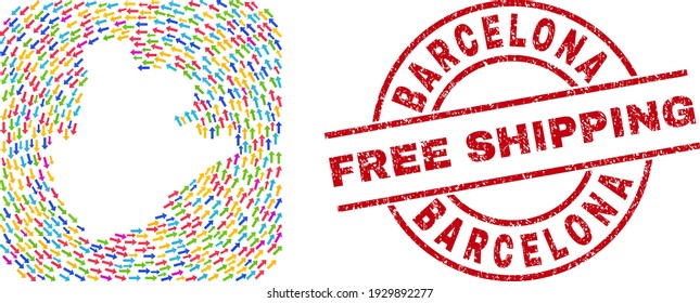 Vector mosaic Barcelona Province map of migration arrows and grunge Free Shipping badge.