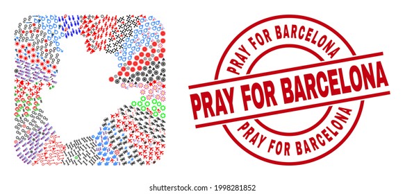 Vector mosaic Barcelona Province map of different icons and Pray for Barcelona badge. Mosaic Barcelona Province map created as stencil from rounded square. Red round badge with Pray for Barcelona tag.