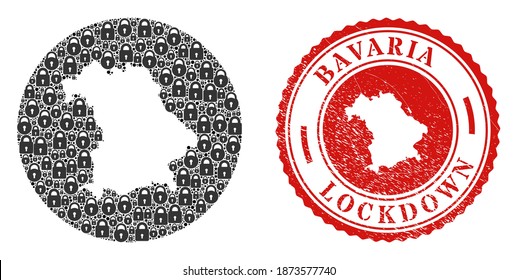 Vector mosaic Bavaria Land map of locks and grunge LOCKDOWN stamp. Mosaic geographic Bavaria Land map designed as hole from circle with black locks.