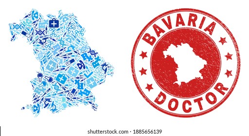 Vector mosaic Bavaria Land map with vaccination icons, medicine symbols, and grunge health care seal. Red round imprint with scratched rubber texture and Bavaria Land map caption and map.