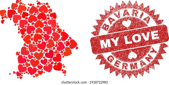 Mosaico vectorial Bavaria Land mapa de adorables ítems del corazón y grunge My Love badge. Mapa geográfico mosaico de la tierra de Baviera creado usando corazones de amor.