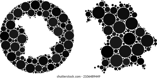 Vector mosaic Bavaria Land map of sphere dots. Mosaic geographic Bavaria Land map is designed as stencil from circle with circle dots in black color hues. Pixelated vector mosaic Bavaria Land map.