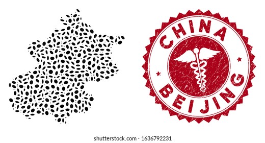 Vector mosaic Beijing City map and red round corroded stamp watermark with health care sign. Beijing City map collage created with ellipse spots. Red round caduceus seal, with grunge texture.