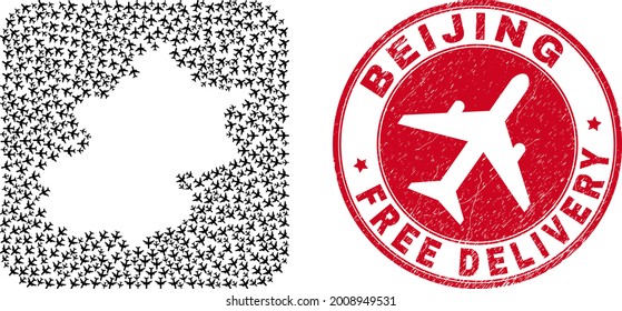 Vector mosaic Beijing City map of air force elements and grunge Free Delivery seal stamp.