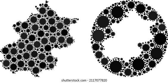 Vektor Mosaik Peking City Karte der covid-Virus-Artikel. Mosaik Geografische Stadtplan von Peking wurde als Schablone aus dem Kreis mit covid-Virus-Elementen in schwarzen Farben entworfen. Abstraktion für medizinische Poster.
