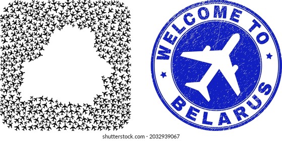 Vector mosaic Belarus map of airline items and grunge Welcome seal. Mosaic geographic Belarus map created as stencil from rounded square shape with airliners.