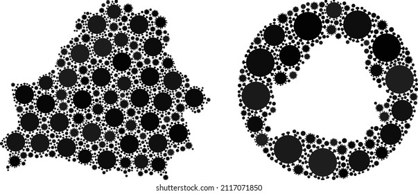 Vector mosaic Belarus map of covid-2019 elements. Mosaic geographic Belarus map designed as stencil from round shape with covid elements in black color hues. Abstraction for quarantine purposes.
