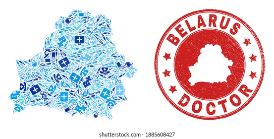 Vector mosaic Belarus map with medical icons, hospital symbols, and grunge healthcare seal stamp. Red round seal with distress rubber texture and Belarus map caption and map.