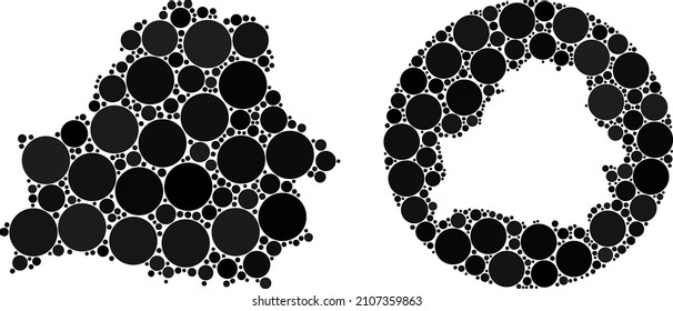 Vector mosaic Belarus map of spheric elements. Mosaic geographic Belarus map designed as carved shape from round shape with circle elements in black colors. Pixelated vector mosaic Belarus map.