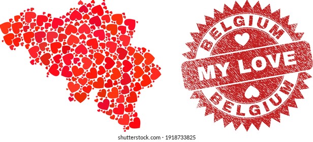 Vektor Mosaik Belgien Karte der Liebe Herz-Elemente und Grunge My Love-Siegel. Collage geographische Belgien Karte mit valentiner Herzen entworfen. Rosette-Robbe mit Gummi-Ängstlichkeit und meinem Liebesanhänger.