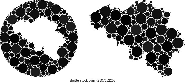 Vector mosaic Belgium map of round dots. Mosaic geographic Belgium map is created as stencil from round shape with spheric dots in black color hues. Pixel vector mosaic Belgium map.
