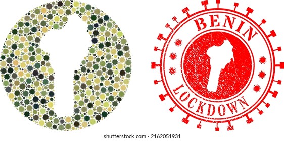 Vector mosaic Benin map of coronavirus icons and grunge LOCKDOWN seal. Mosaic geographic Benin map created as stencil from circle with coronavirus icons in khaki army color hues.