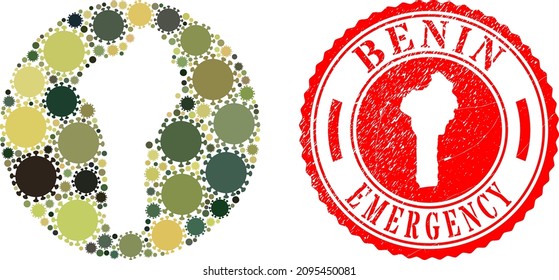 Vector mosaic Benin map of covid virus elements and grunge EMERGENCY badge. Mosaic geographic Benin map designed as stencil from round shape with virus elements in camouflage army colors.