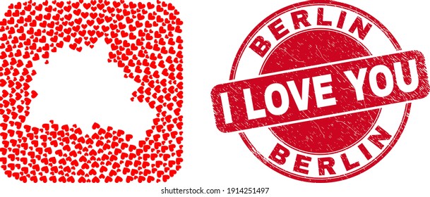 Vector mosaic Berlin City map of valentine heart items and grunge love stamp. Mosaic geographic Berlin City map created as subtraction from rounded square with love hearts.