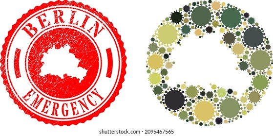 Vector mosaic Berlin City map of flu virus items and grunge EMERGENCY badge. Mosaic geographic Berlin City map constructed as hole from round shape with SARS virus icons in khaki military color hues.