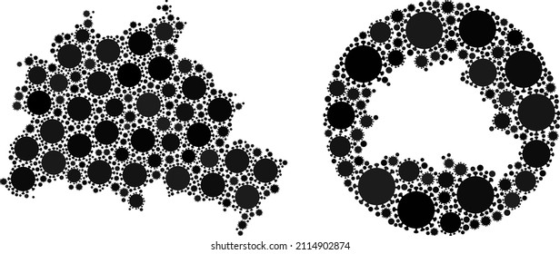 Mapa del mosaico vectorial de la ciudad de Berlín de los iconos de covid-2019. Mapa geográfico mosaico de la ciudad de Berlín diseñado como forma tallada de forma redonda con iconos del virus de la gripe en tonos negros.