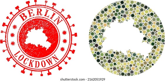 Vector mosaic Berlin City map of virus outbreak elements and grunge LOCKDOWN stamp.