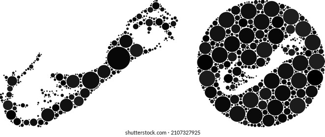 Mapa de puntos esféricos de mosaicos vectoriales de las Islas Bermudas. El mapa geográfico mosaico de las Islas Bermudas está diseñado como un agujero de forma redonda con puntos esféricos en tonos negros.