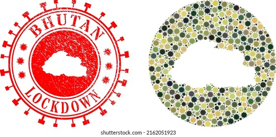 Mapa del mosaico vectorial en Bután de los ítems de la infección por covid y placa de LOCKDOWN gruesa. Mapa de Bután geográfico mosaico diseñado como forma tallada de forma redonda con elementos covid-2019 en colores del ejército de camo.