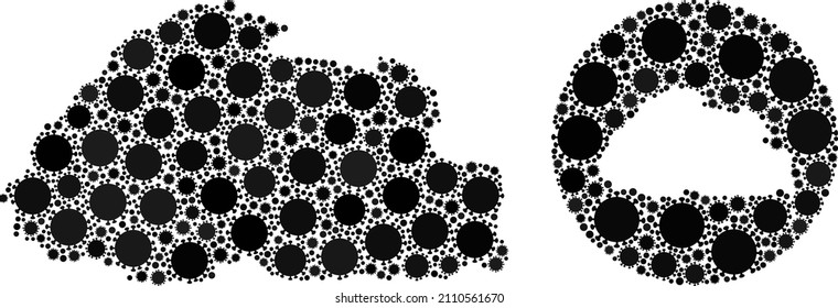Mapa del mosaico vectorial en Bután de objetos covid-2019. Mapa de Bután geográfico mosaico creado como forma tallada de forma redonda con elementos covid-2019 en colores negros. Ilustración para plantillas de cuarentena.