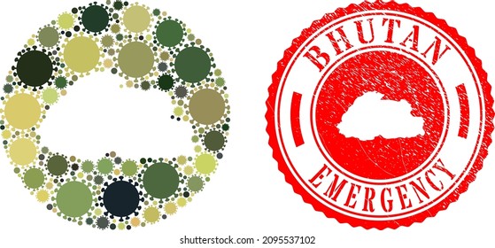 Vector mosaic Bhutan map of flu virus icons and grunge EMERGENCY badge. Mosaic geographic Bhutan map created as stencil from circle with flu virus icons in camouflage army color hues.