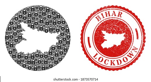 Vector mosaic Bihar State map of locks and grunge LOCKDOWN seal. Mosaic geographic Bihar State map created as carved shape from round shape with black locks.
