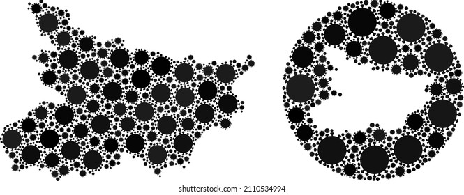 Vektormosaik Bihar State Karte der Coronavirus-Elemente. Mosaik geographische Bihar-Zustandskarte, die aus runder Form mit Coronavirus-Elementen in schwarzen Farbtönen als Schnitzereien erstellt wurde.