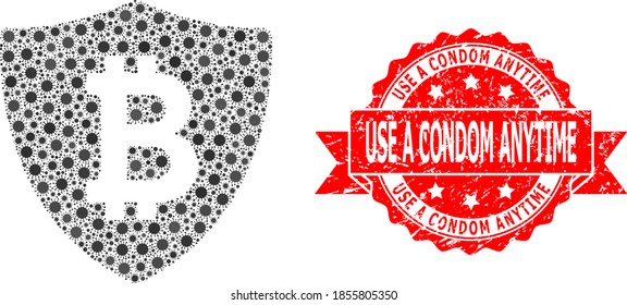 Vector mosaic bitcoin protection of corona virus, and Use a Condom Anytime scratched ribbon stamp seal. Virus items inside bitcoin protection mosaic.
