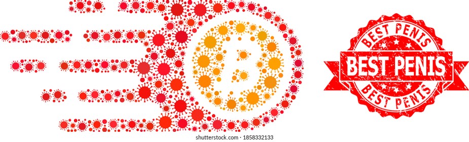 Bitcoin de mosaico vectorial del virus SARS y sello de la cinta corroída por el mejor pene. Elementos de virus dentro de la composición de bitcoin. El sello rojo incluye el texto Best Penis dentro de la cinta.