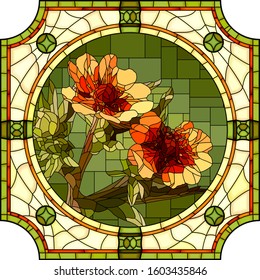 Vector mosaic with blooming orange cinquefoil in round stained-glass window frame.