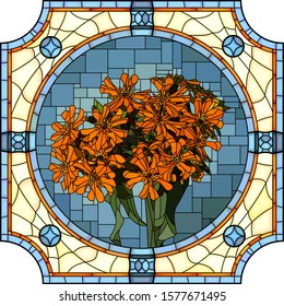 Vector mosaic with of blooming orange lychnis in round stained-glass window frame.