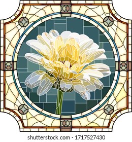 Vector mosaic with blooming white calendula flower in a round stained glass frame.