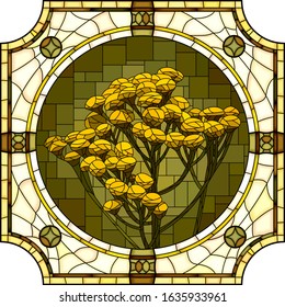 Vector mosaic with blooming yellow tansy flowers in a round stained glass frame.
