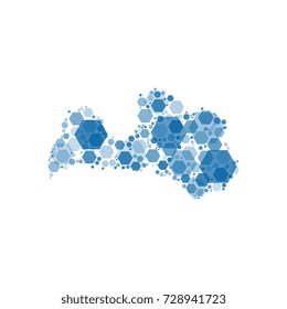 vector mosaic of blue hexagons in shape of map of latvia