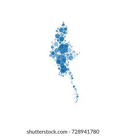 vector mosaic of blue pentagons in shape of map of burma