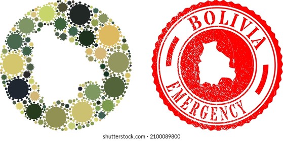 Vector mosaic Bolivia map of flu virus icons and grunge EMERGENCY seal. Mosaic geographic Bolivia map constructed as carved shape from round shape with sars virus items in camo army colors.