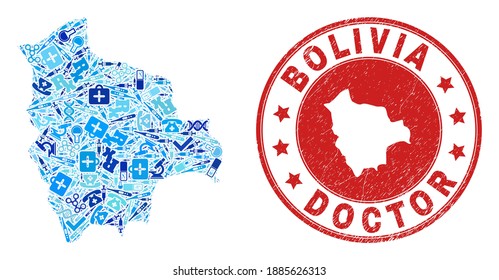 Vector mosaic Bolivia map with inoculation icons, analysis symbols, and grunge health care seal. Red round imprint with grunge rubber texture and Bolivia map caption and map.