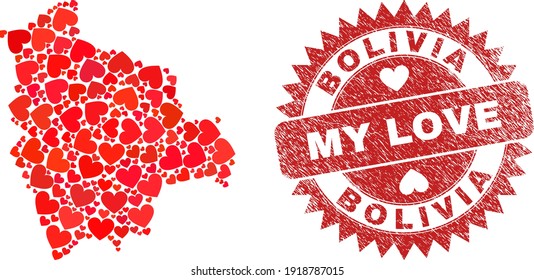 Vector mosaic Bolivia map of love heart elements and grunge My Love seal stamp. Mosaic geographic Bolivia map created with love hearts. Red rosette seal with unclean rubber texture and my love text.