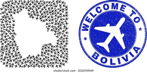 Vector mosaic Bolivia map of trip elements and grunge Welcome seal stamp. Mosaic geographic Bolivia map created as hole from rounded square with air planes.