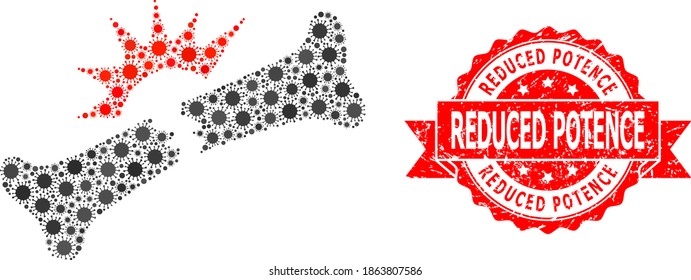 Vector mosaic bone fracture of SARS virus, and Reduced Potence unclean ribbon stamp seal. Virus particles inside bone fracture mosaic. Red stamp has Reduced Potence tag inside ribbon.