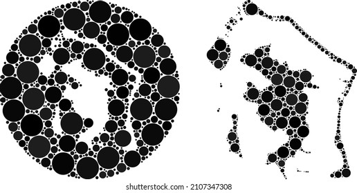 Vector mosaic Bora-Bora map of circle items. Mosaic geographic Bora-Bora map created as carved shape from circle with round items in black colors. Pixelated vector mosaic map for tropic island.