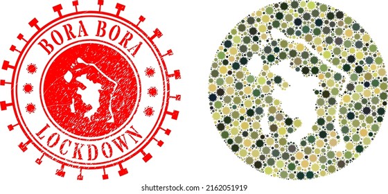 Vector mosaic Bora-Bora map of covid infection icons and grunge LOCKDOWN stamp. Mosaic geographic Bora-Bora map designed as hole from circle with covid infection elements in khaki army color hues.