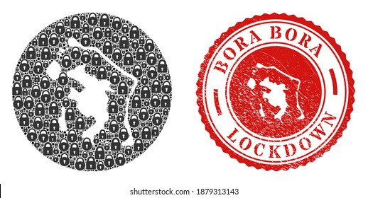 Vector mosaic Bora-Bora map of locks and grunge LOCKDOWN seal stamp. Mosaic geographic Bora-Bora map constructed as hole from circle with black locks.