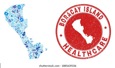 Vector mosaic Boracay Island map with syringe icons, receipt symbols, and grunge health care seal. Red round imprint with scratched rubber texture and Boracay Island map word and map.