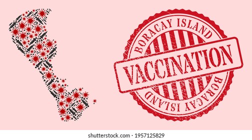 Vector mosaic Boracay Island map of corona virus, vaccination icons, and red grunge vaccination seal stamp. Virus elements and injection particles inside Boracay Island map.