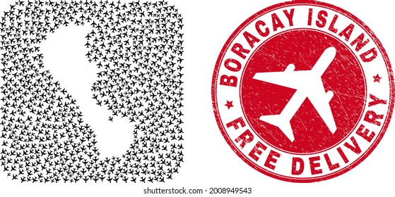Vector mosaic Boracay Island map of airliner items and grunge Free Delivery seal. Mosaic geographic Boracay Island map designed as carved shape from rounded square shape using flying out aeroplanes.