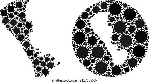 Mapa de la isla Boracay con mosaico vectorial de elementos del virus cóvido. Mapa geográfico mosaico de la isla de Boracay creado como galería de símbolos a partir de círculo con iconos cómodos del virus en colores negros.
